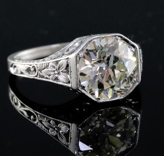 A platinum? and solitaire diamond ring, the round brilliant cut stone weighing approximately 3.40cts,